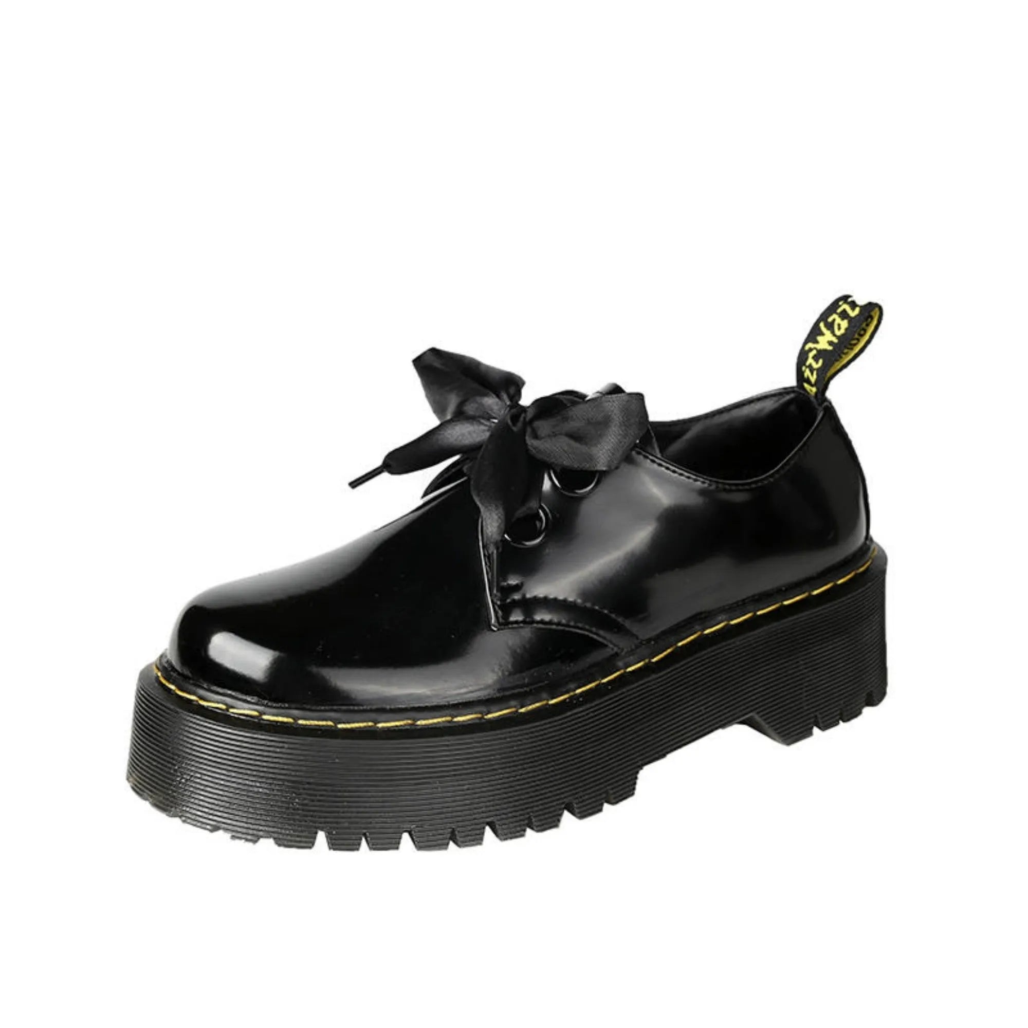 Women's thick-soled leather shoes in black with ribbon and cross strap details on superfine fibre upper