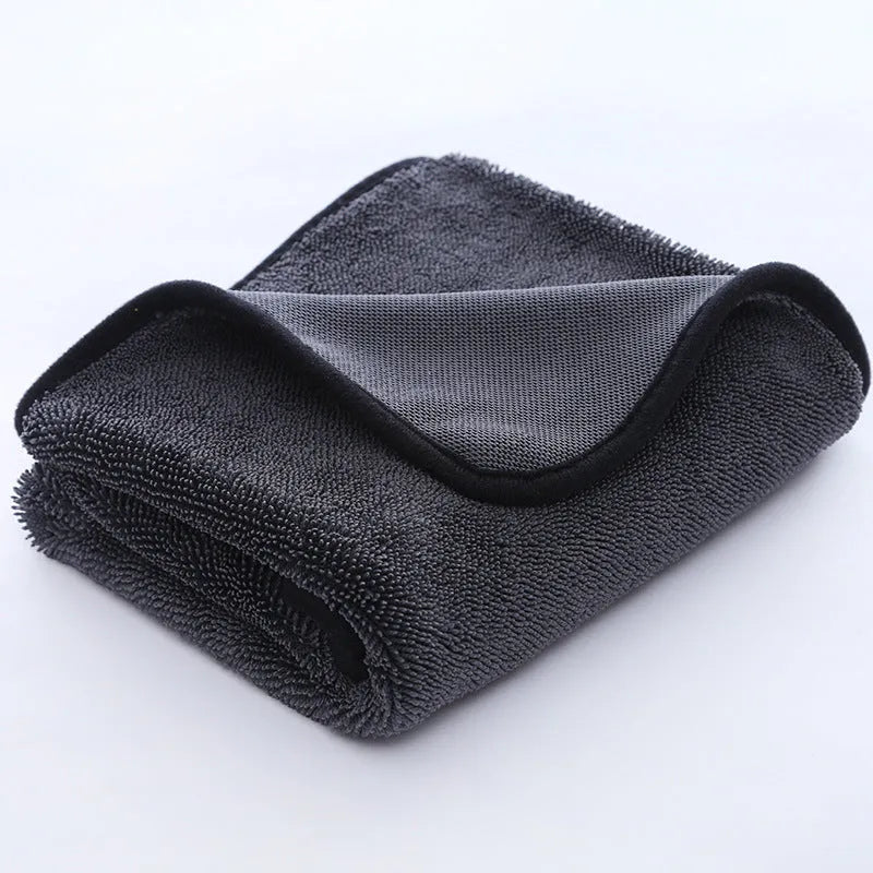 Grey braided twisted car cleaning microfiber towel shown in various sizes for washing and drying vehicles.