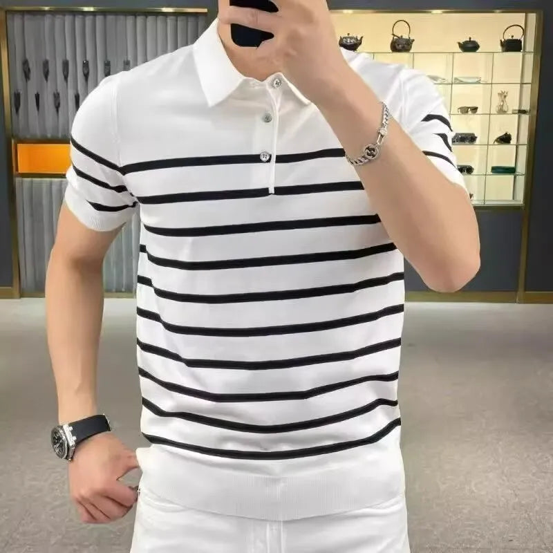 Striped lapel knitted t-shirt pullover in polyester blend available in black and white colours