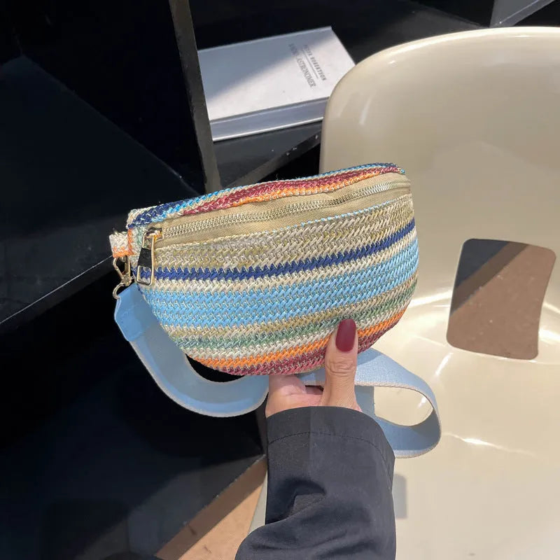Straw woven women's shoulder bag in shell shape with adjustable single strap