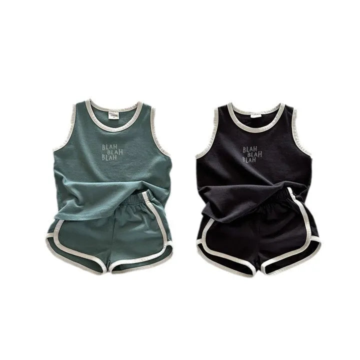 Cotton sports vest and shorts casual children suit in green, pullover style, for height 80-130cm
