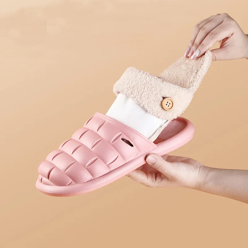 Women's detachable EVA slippers with plush lining in pink, green, yellow or white colours