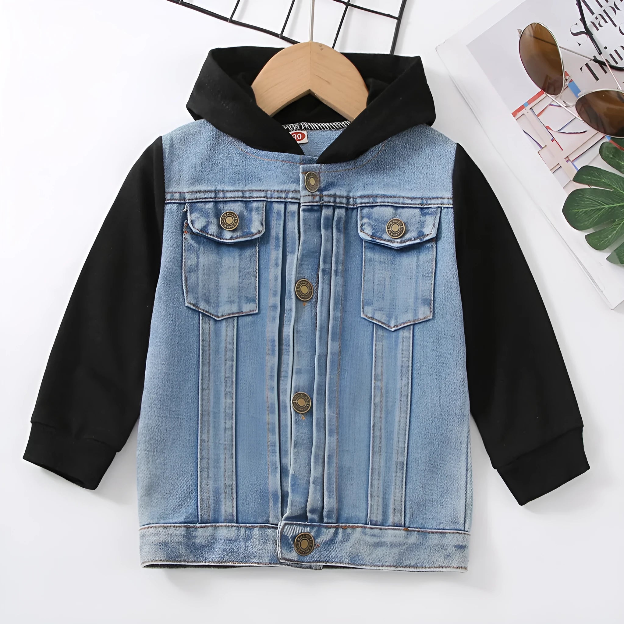 Boys cotton hooded denim coat with cartoon print in blue colour, long sleeves, single-breasted front
