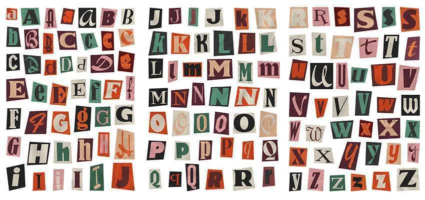 A set of cute-style decoration stickers showing printed English letters and weekly words like Monday, Tuesday.