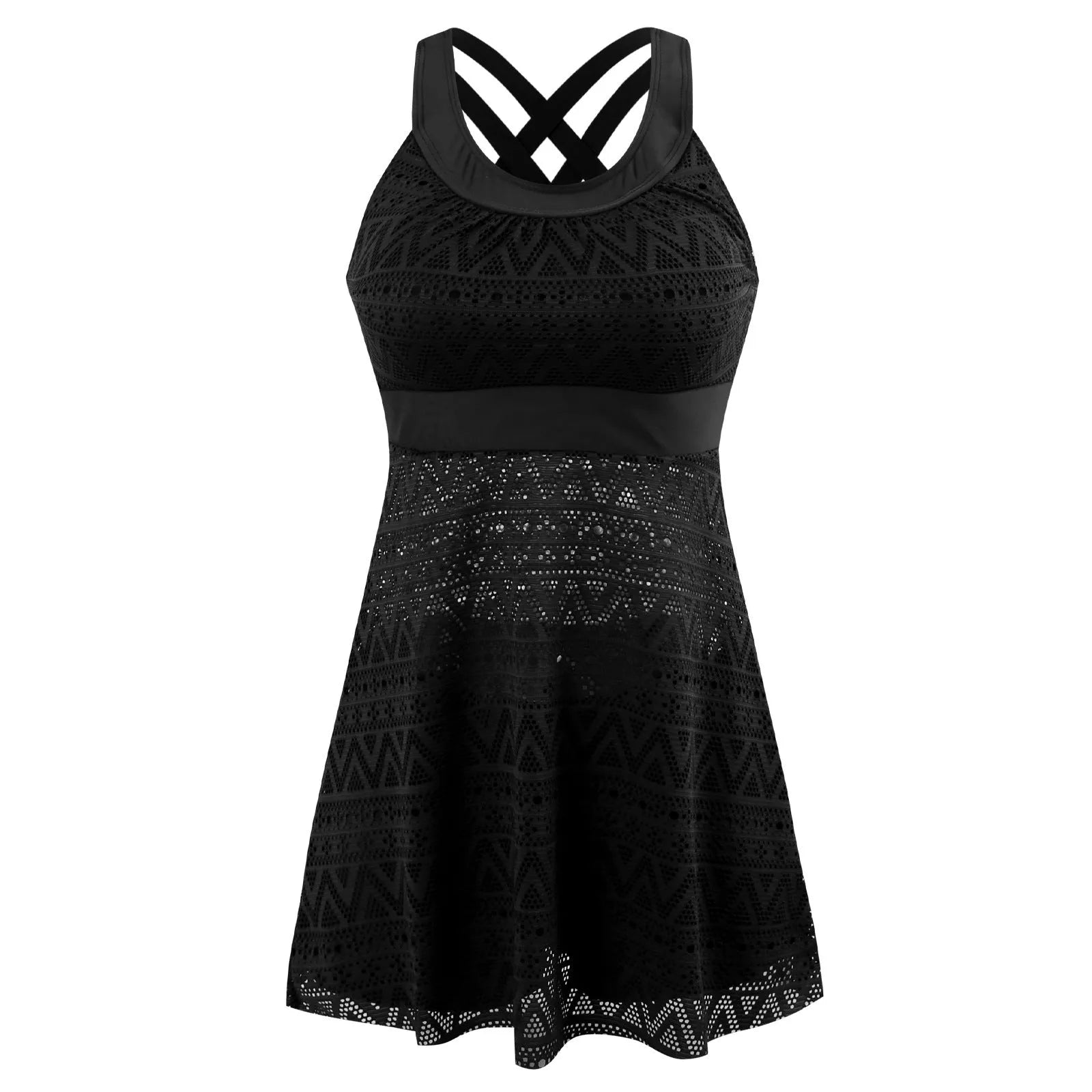 Black conservative slimming briefs swimsuit for women laid flat.