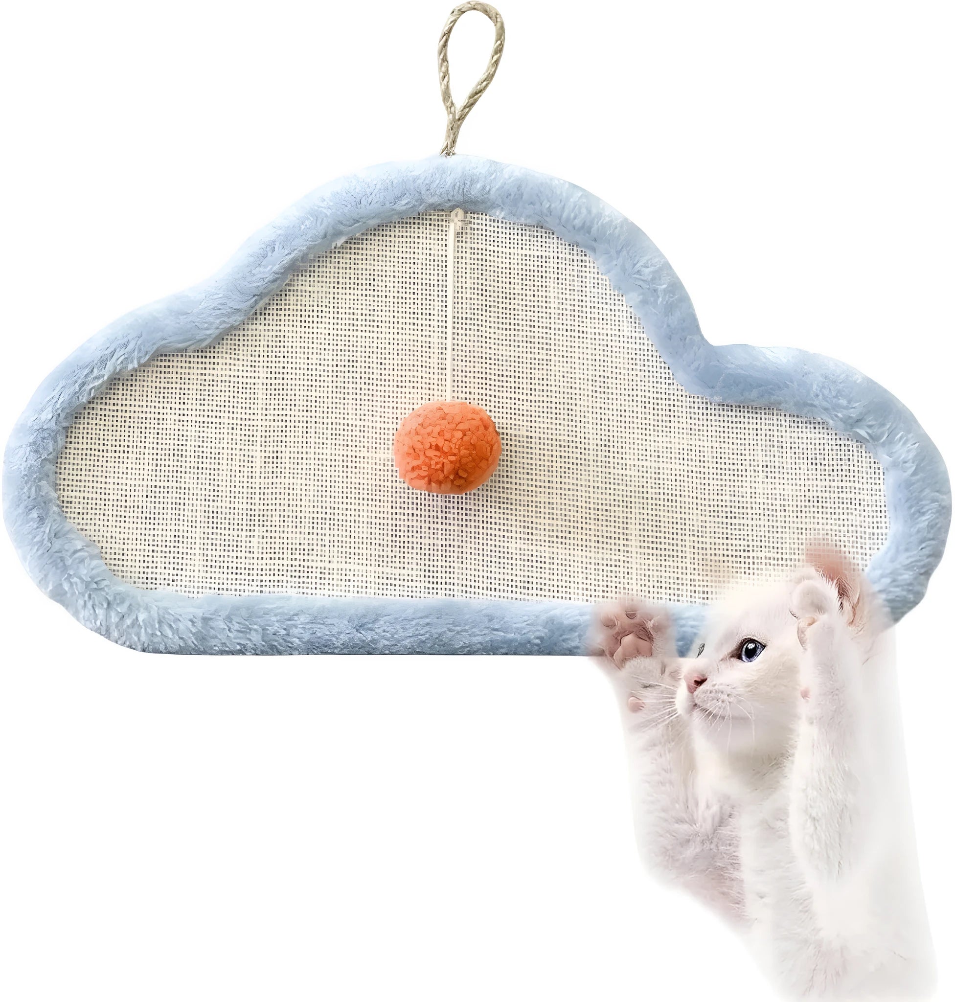 White wall-mounted cat scratching mat with natural sisal and sleeping cat cartoon design.