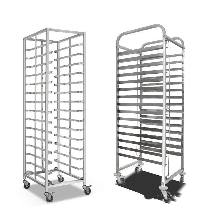 Six-layer stainless steel cake cooling rack with large rectangular tray and locking mechanism.