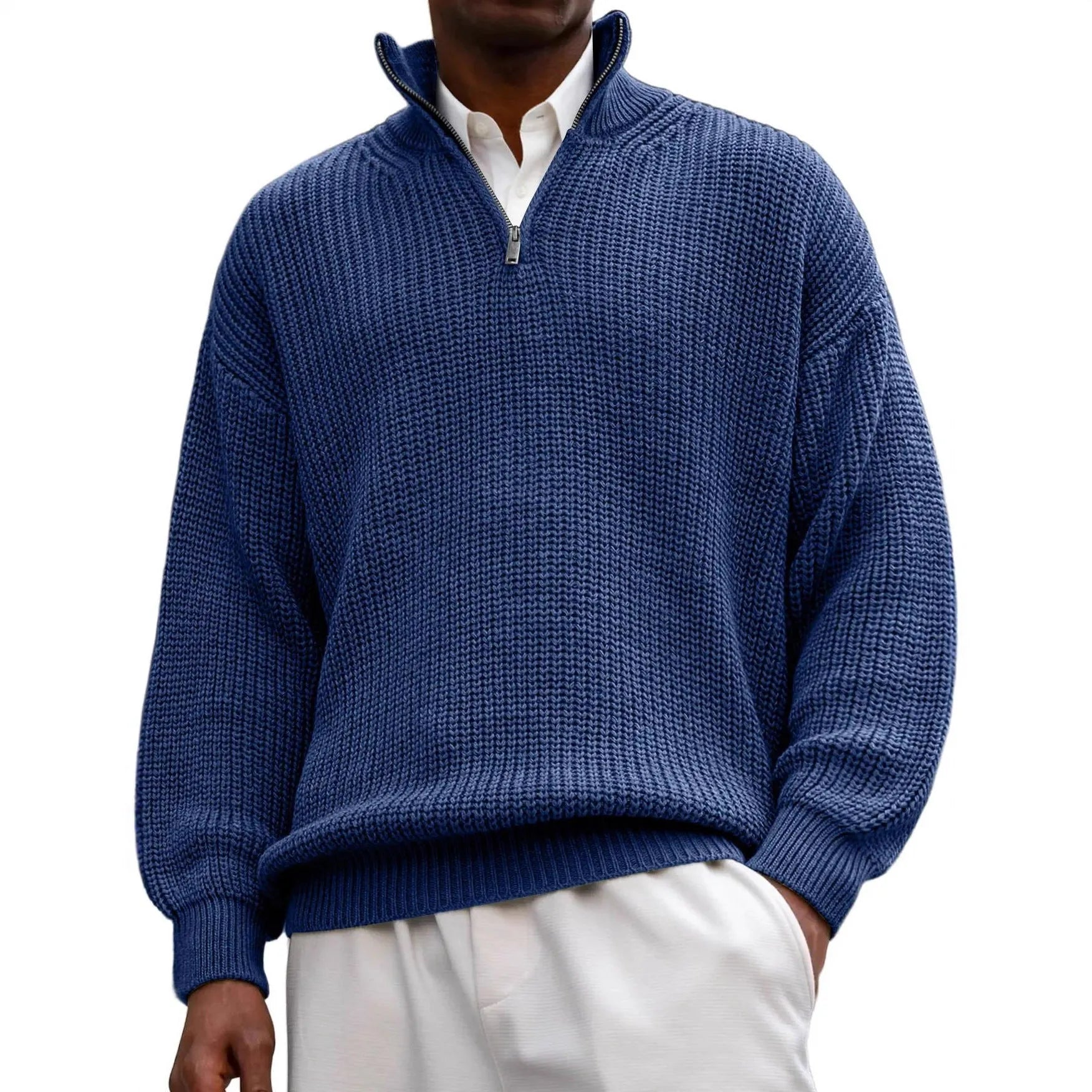 Fashion men's casual long sleeve half-zip stand collar polo shirt pullover sweater in black