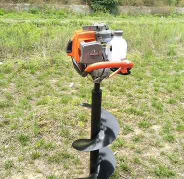 Portable single-person gasoline hole digger for fruit tree fertilization, shown with engine and digging attachment
