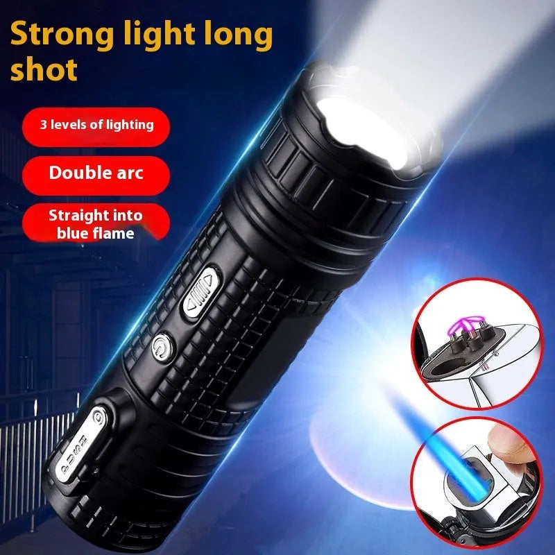 TH727 multi-function waterproof metal flashlight lighter in camouflage, red, black, blue, and yellow colour options.