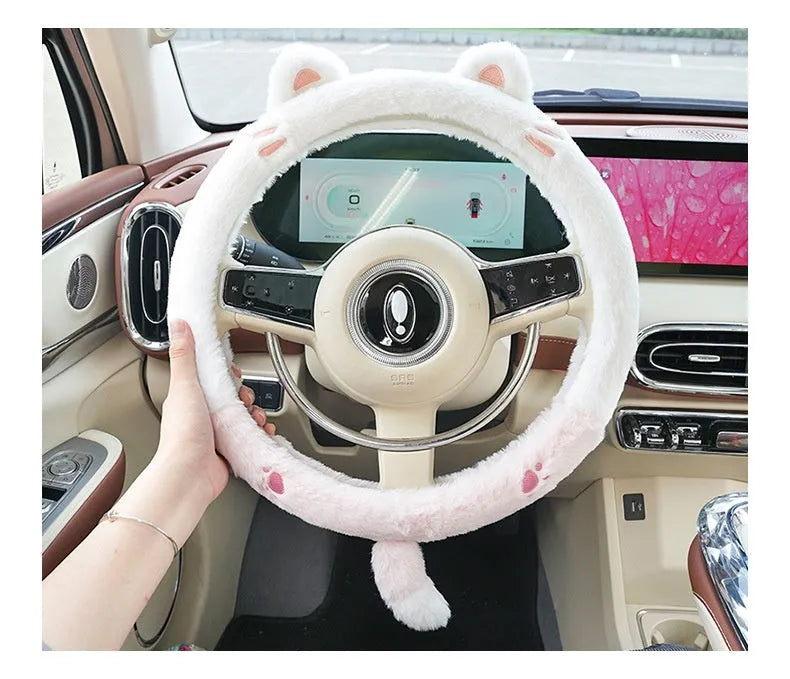 38cm plush winter car steering wheel cover with embroidered animal design