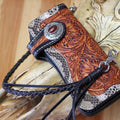 Men's long cow leather wallet with plant flower pattern and buckle closure in brown