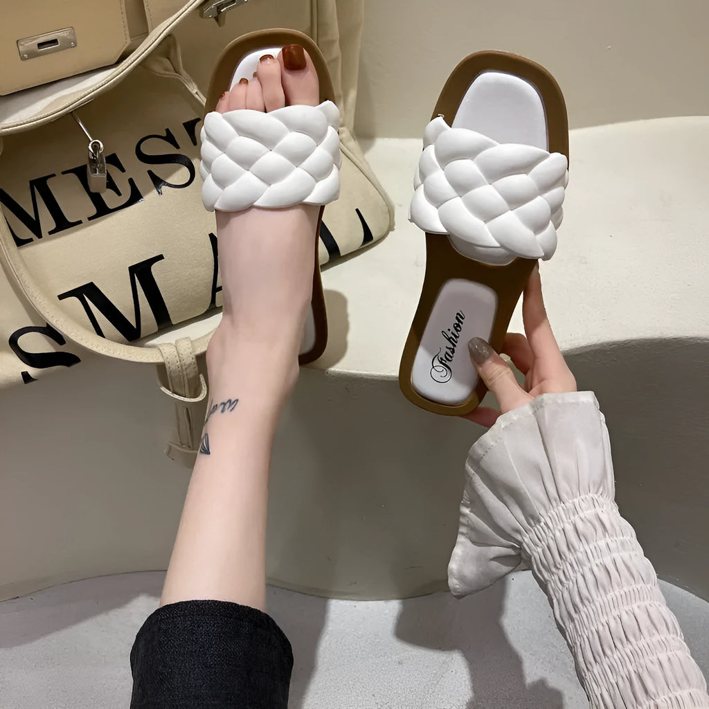 Women's plaid pattern beach sandals with thick PVC soles in black, green, orange or white colours