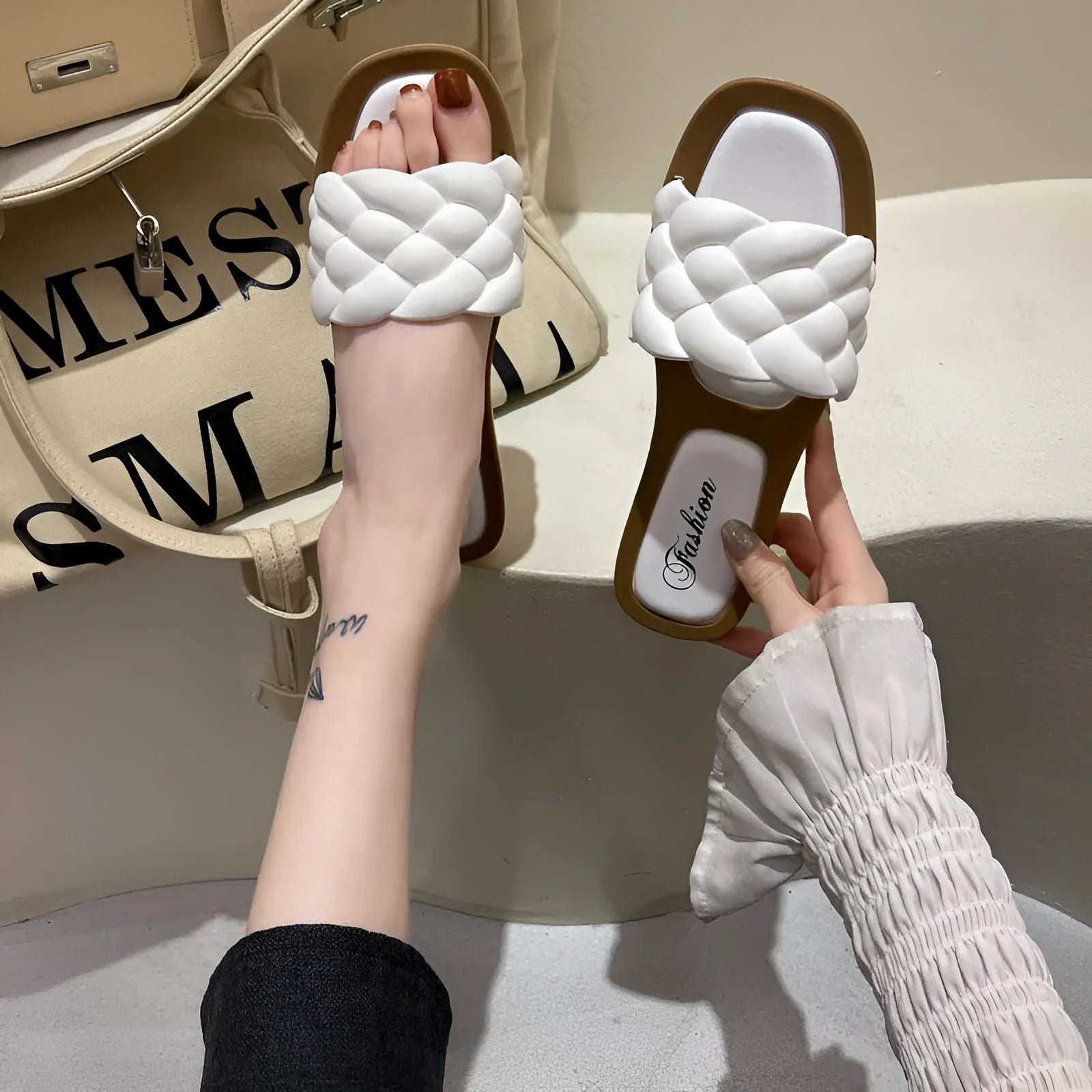 Women's plaid pattern beach sandals with thick PVC soles in black, green, orange or white colours