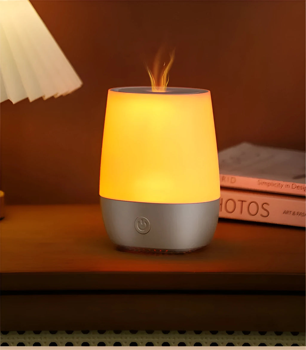 White USB aroma diffuser with simulated flame effect showing compact dimensions