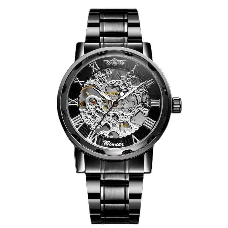Men's retro automatic mechanical watch with black round dial, mineral glass mirror, and stainless steel butterfly clasp