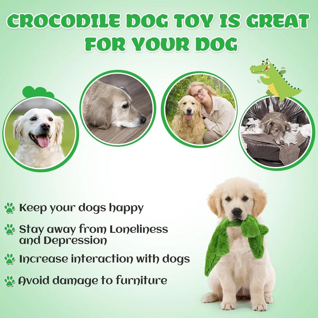 Green crocodile squeaky dog toy with no-stuffing design for aggressive chewers