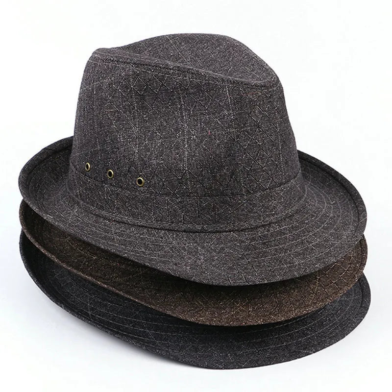 Thickened suit material fedora hat for men shown in available colours and sizes.