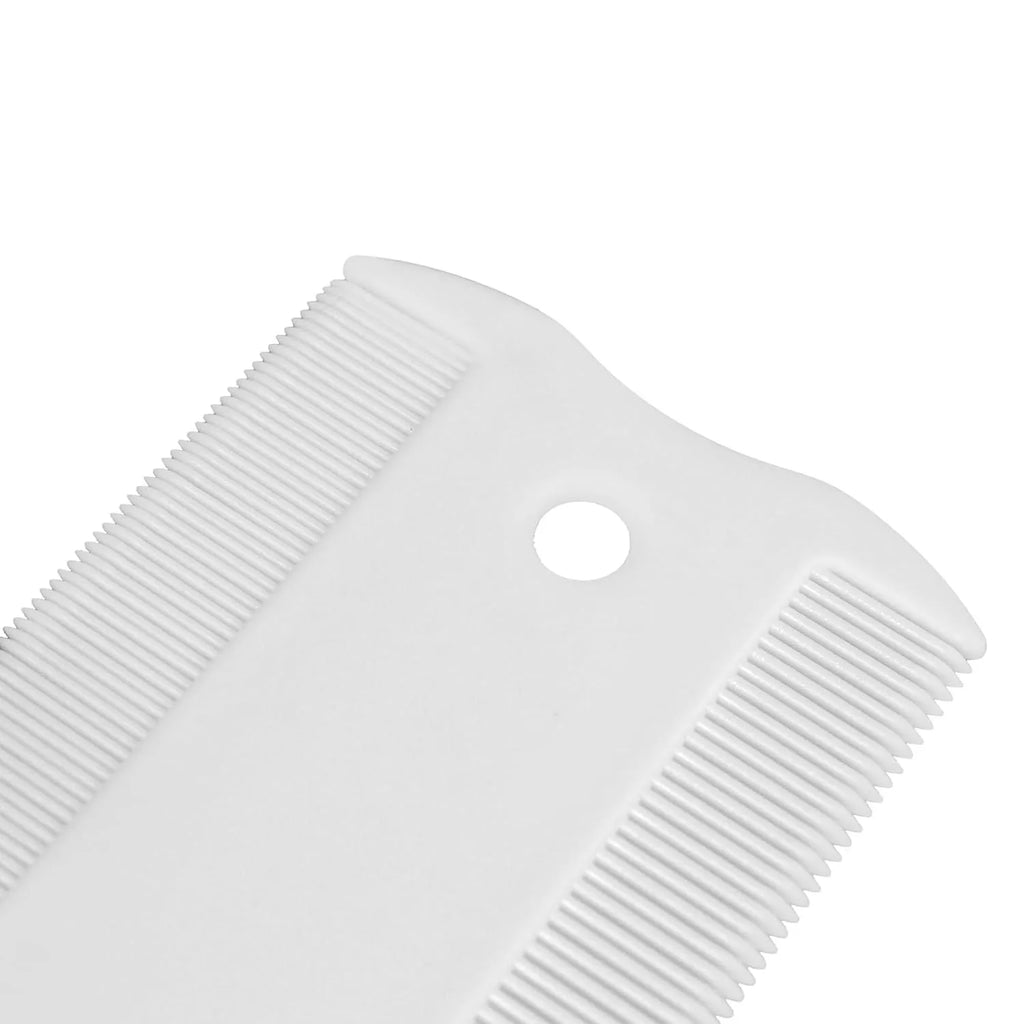 Double-sided plastic flea comb for dogs and cats on a white background.