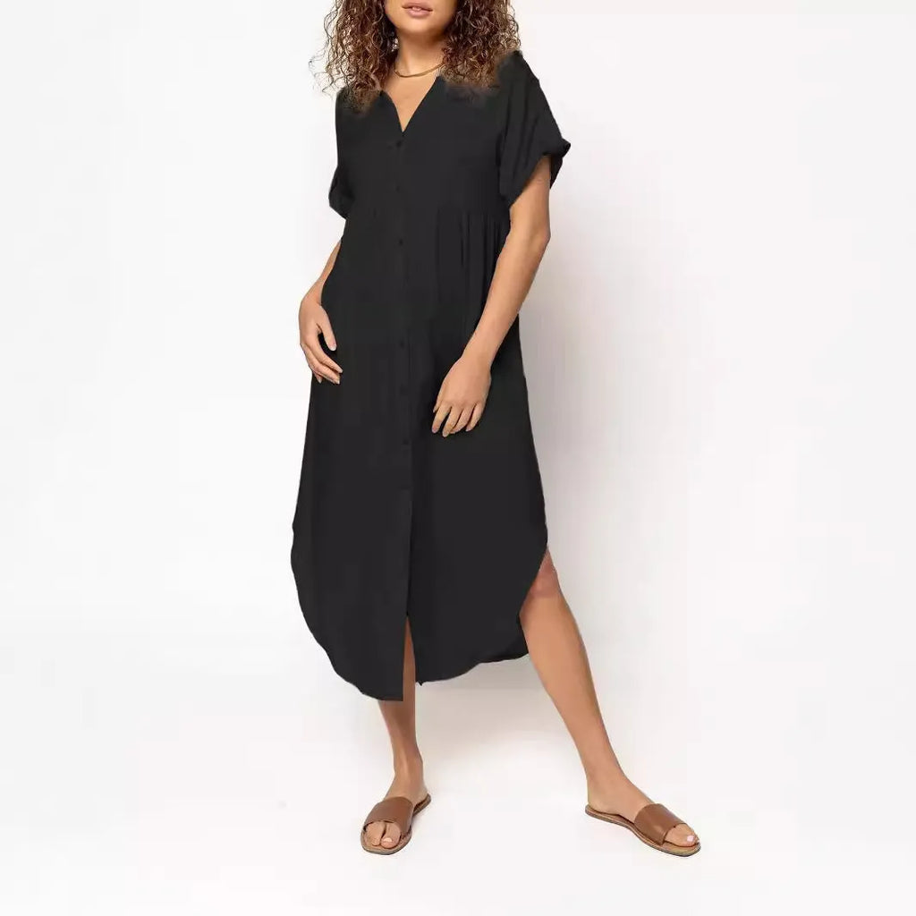 Mid-length casual dress with button front in solid colour, showing loose Japanese Korean fit