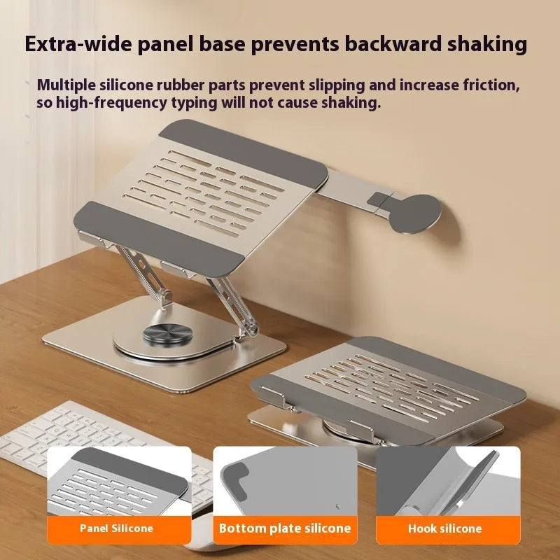 Silver carbon steel laptop stand with side-mounted magnetic phone holder on rotatable base