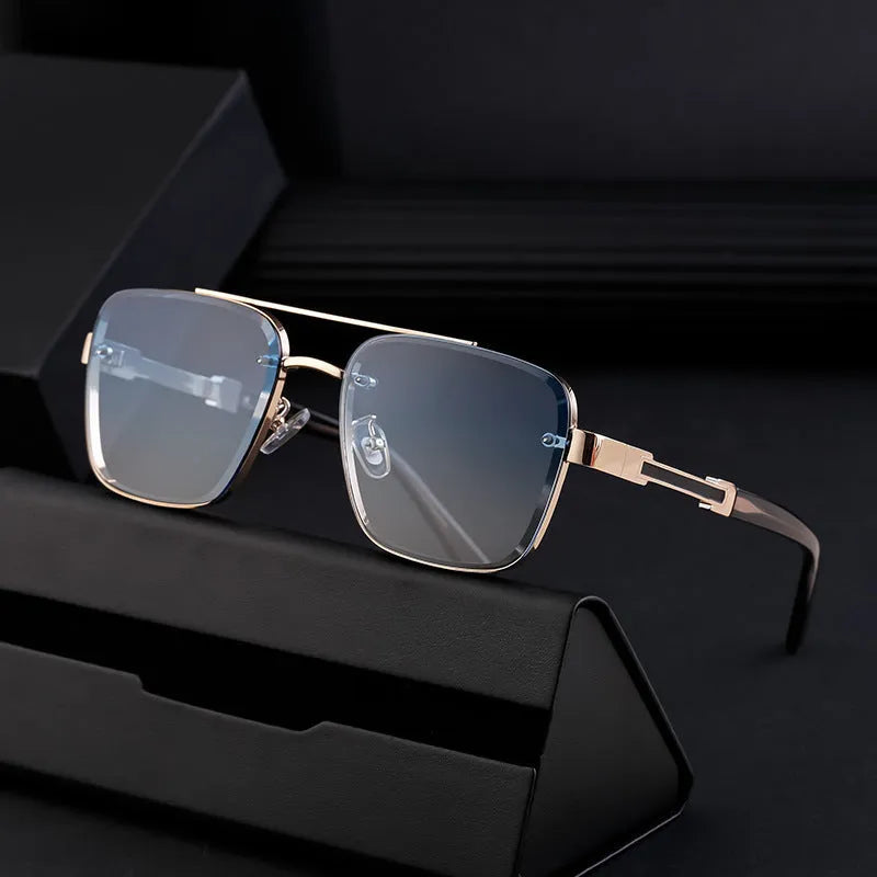 Men's vintage-style sunglasses with UV protection, shown in various colour options on a model.