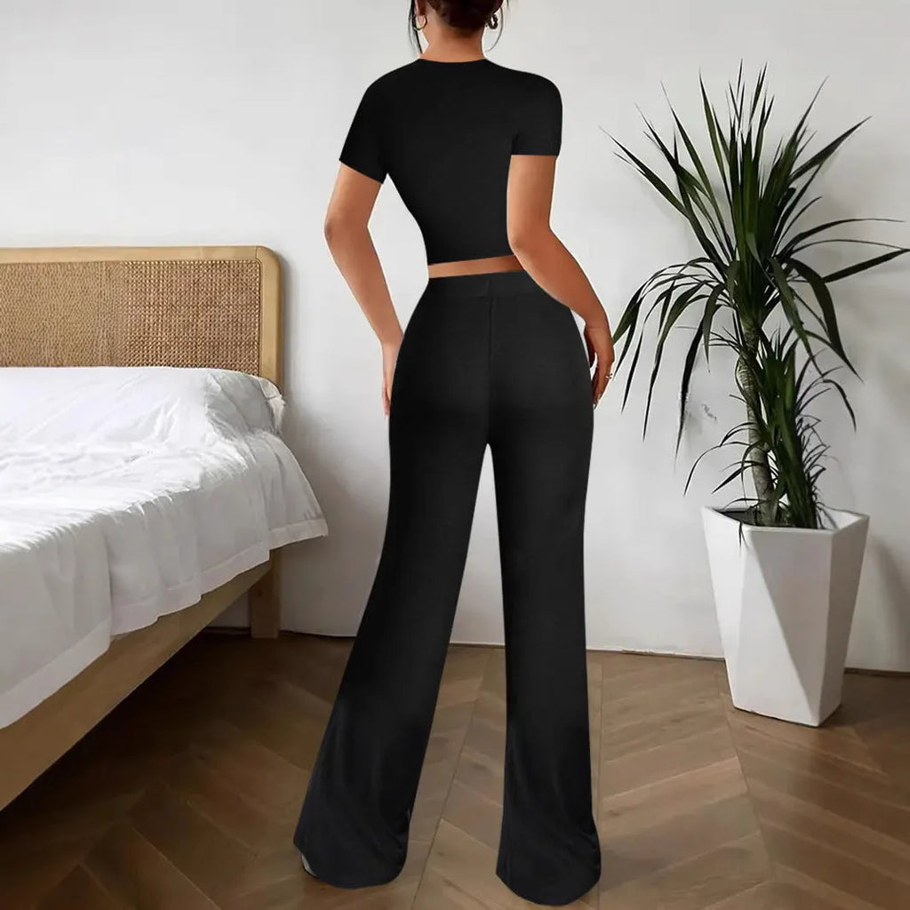 Black women's polyester high waist trouser and short sleeve t-shirt suit set