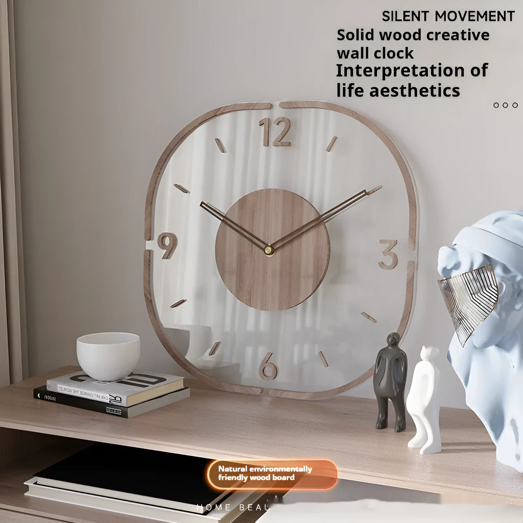 Modern transparent wooden frame wall clock showing 35cm square design with wooden shell