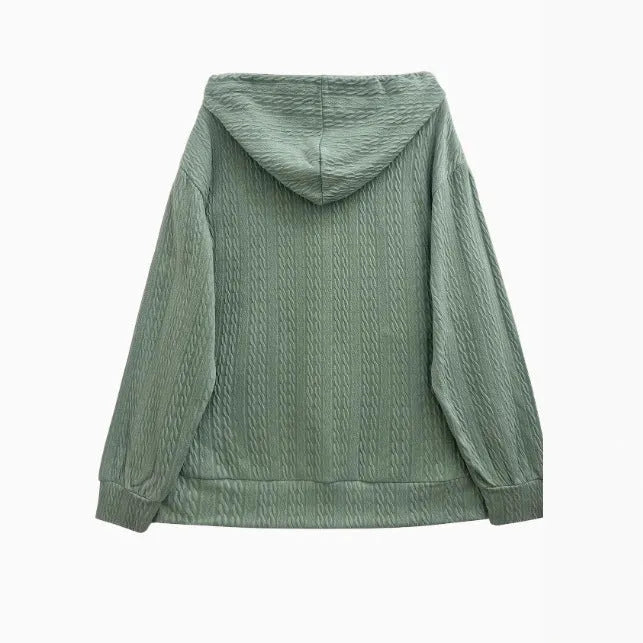 Green women's hooded sweater coat with zip-front closure and loose casual fit