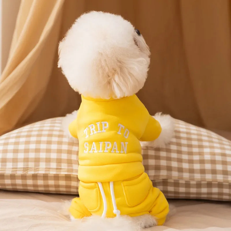 Green fleece puppy hoodie on a small dog, four-legged design with hood for autumn winter warmth