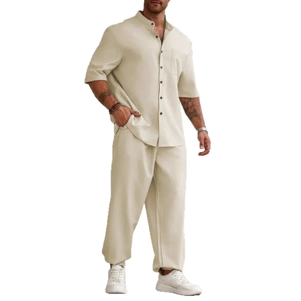 Men's casual cotton linen short-sleeved shirt and trousers set in spring colours