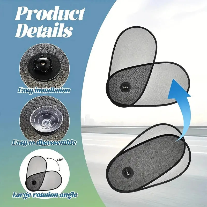 Black stretchy car side window sunshade with suction cups attached to protect a baby from sun.