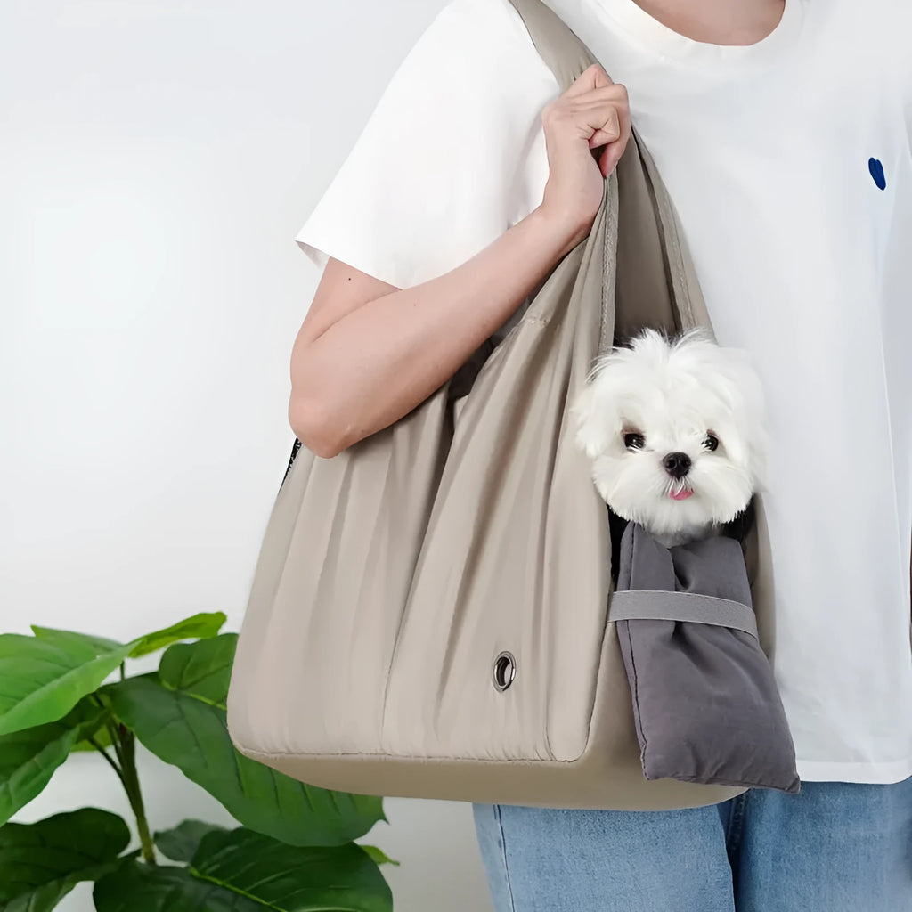 Apricot cloth pet carrier handbag for small dogs and cats showing medium size dimensions