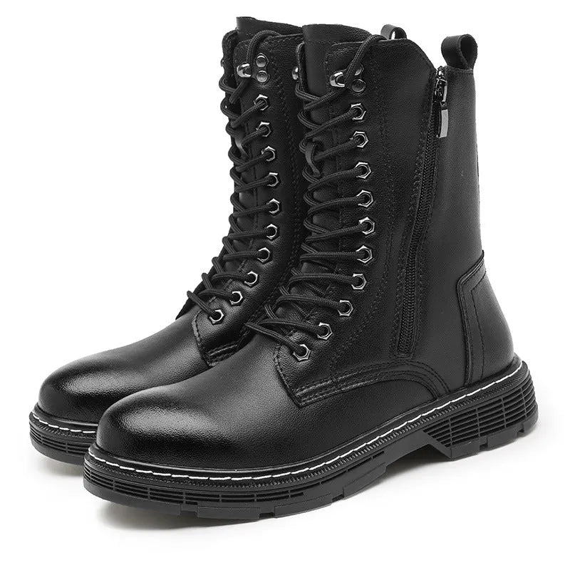 Men's black genuine leather high-top Martin boots with round toe and lace-up closure