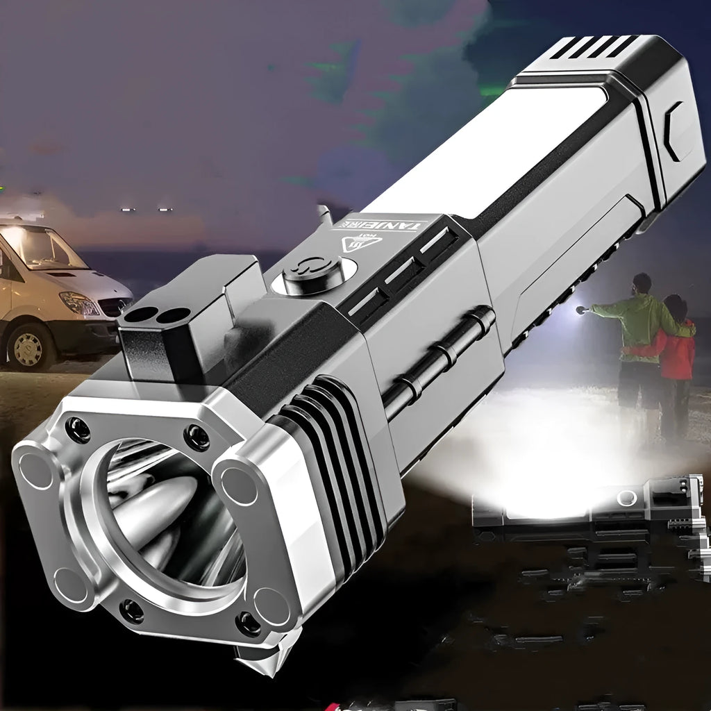 Silver portable LED flashlight with USB charging port, shown for outdoor and emergency use.