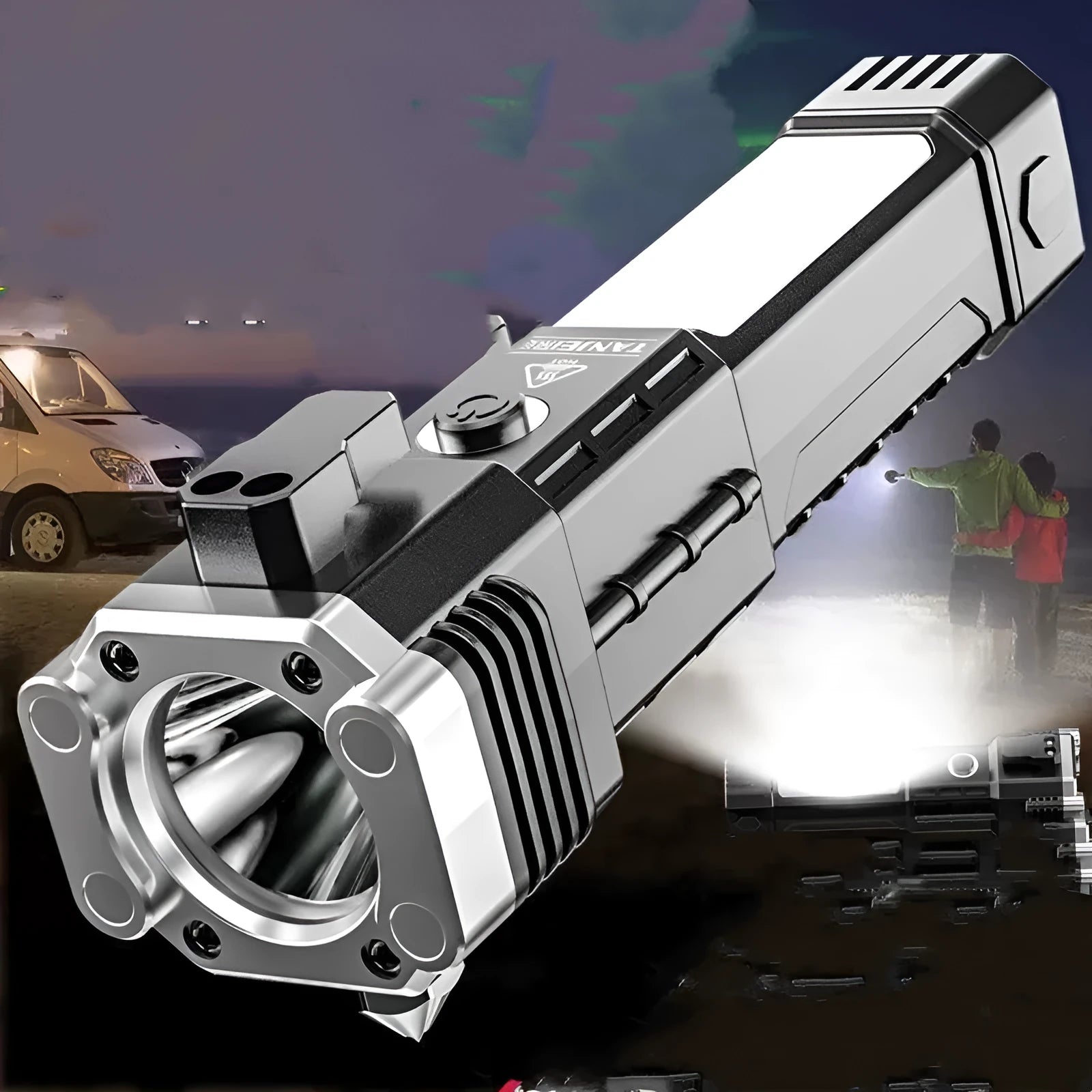 Silver portable LED flashlight with USB charging port, shown for outdoor and emergency use.
