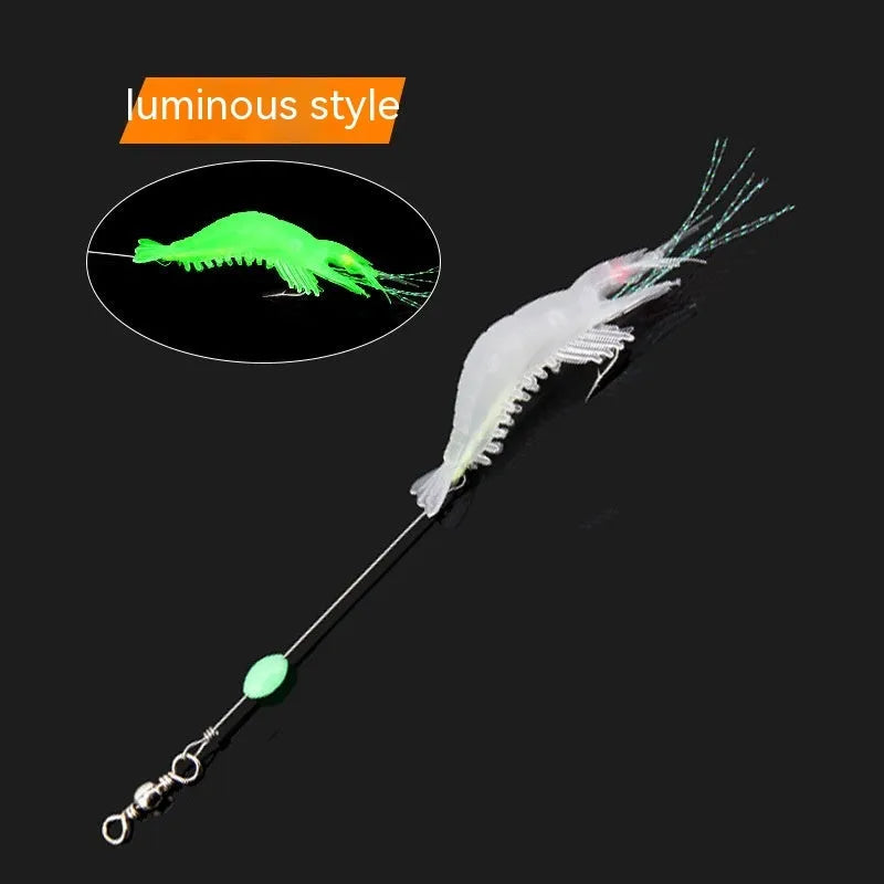 Six soft plastic fishing lures with hooks in various colours including luminous options on a blue background