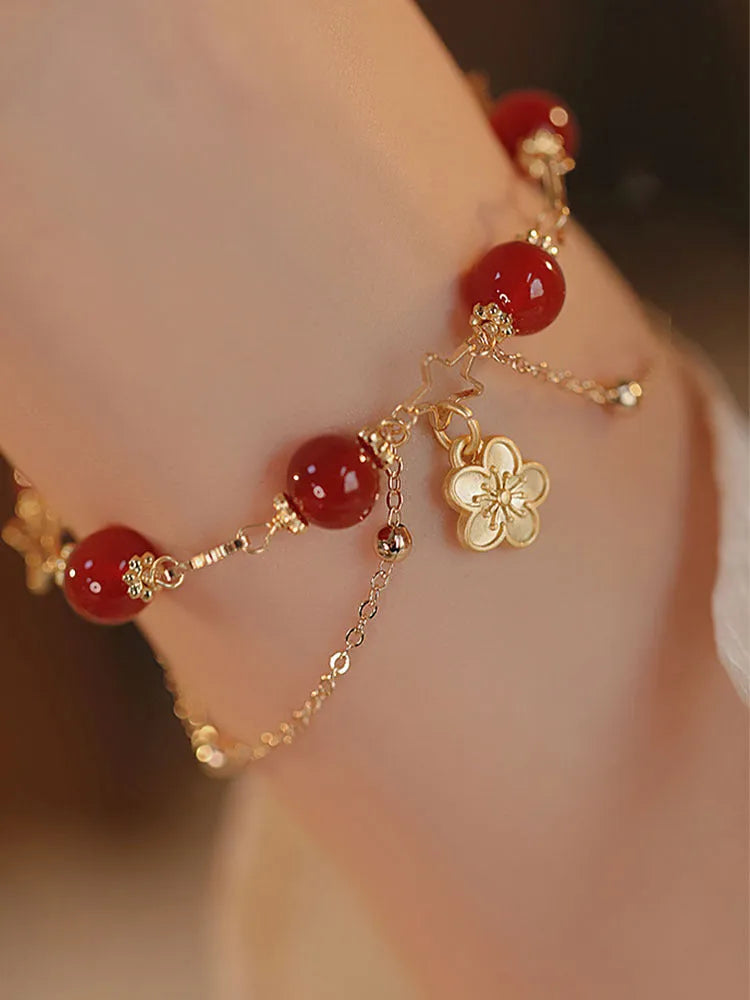 Red agate double-layer women's bracelet with carved peach blossom floral patterns