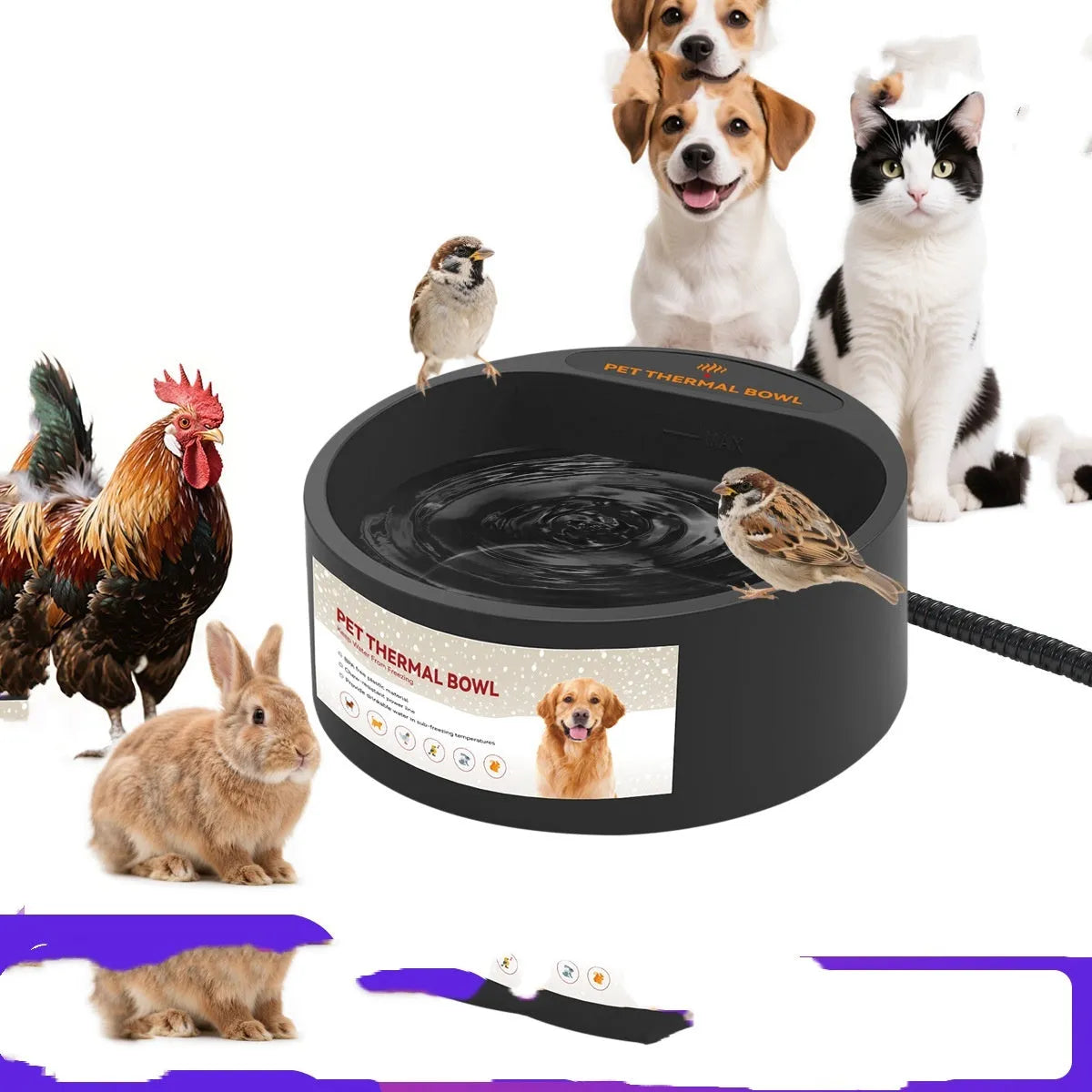 Black ABS plastic pet heating bowl with constant temperature function, 2.2L capacity