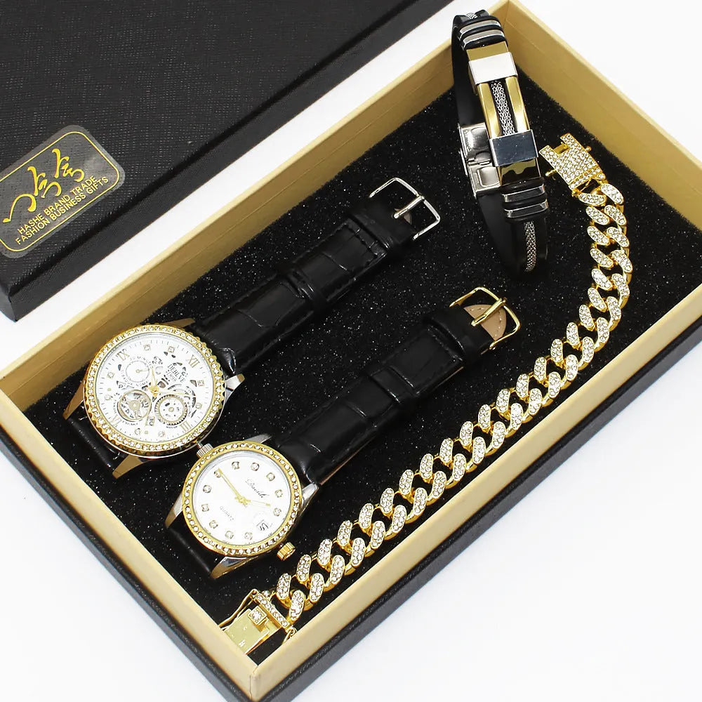 Black plate men's and women's couple watch set with metal bracelets in gift box