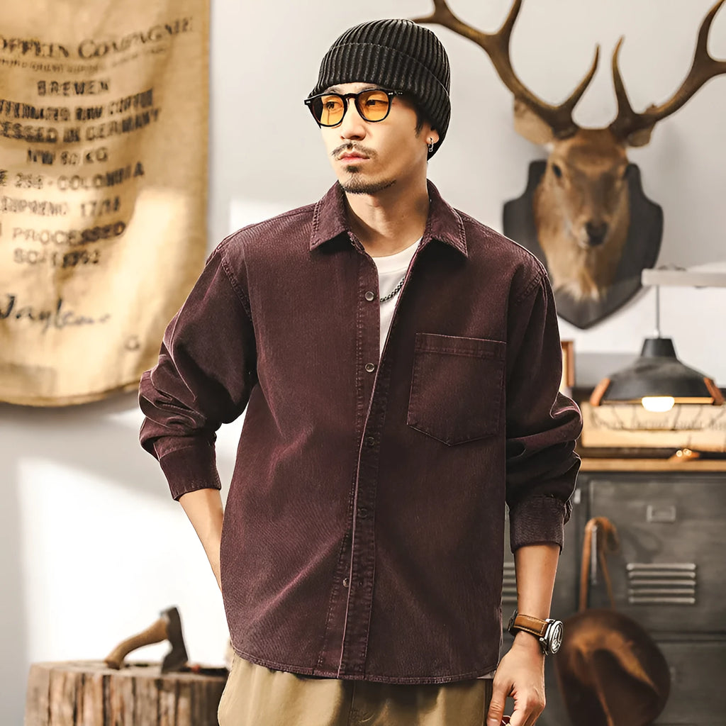 Men's red retro corduroy long-sleeve shirt jacket with a loose, casual fit.