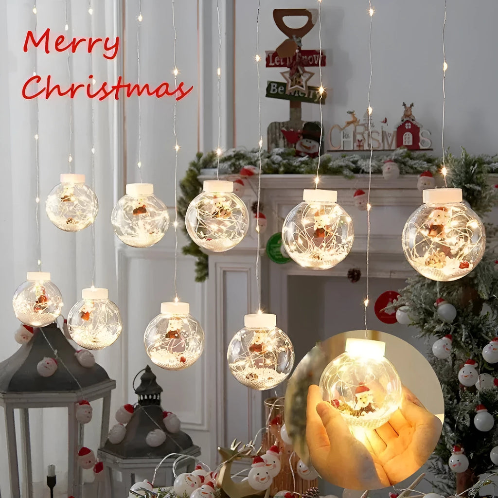 10-piece LED Christmas curtain light set with snowman and Christmas tree wishing ball designs for window decoration