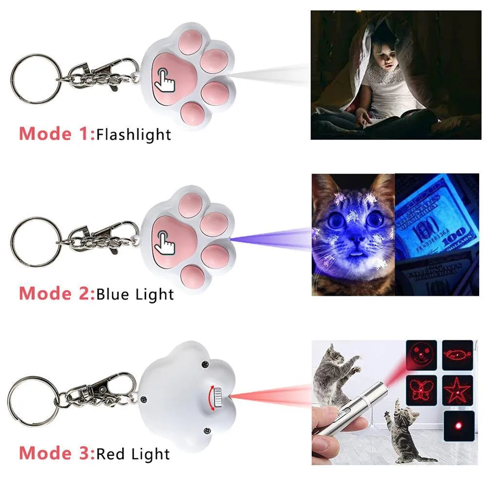 Pink and black USB-rechargeable infrared cat teaser toy with keychain loop.