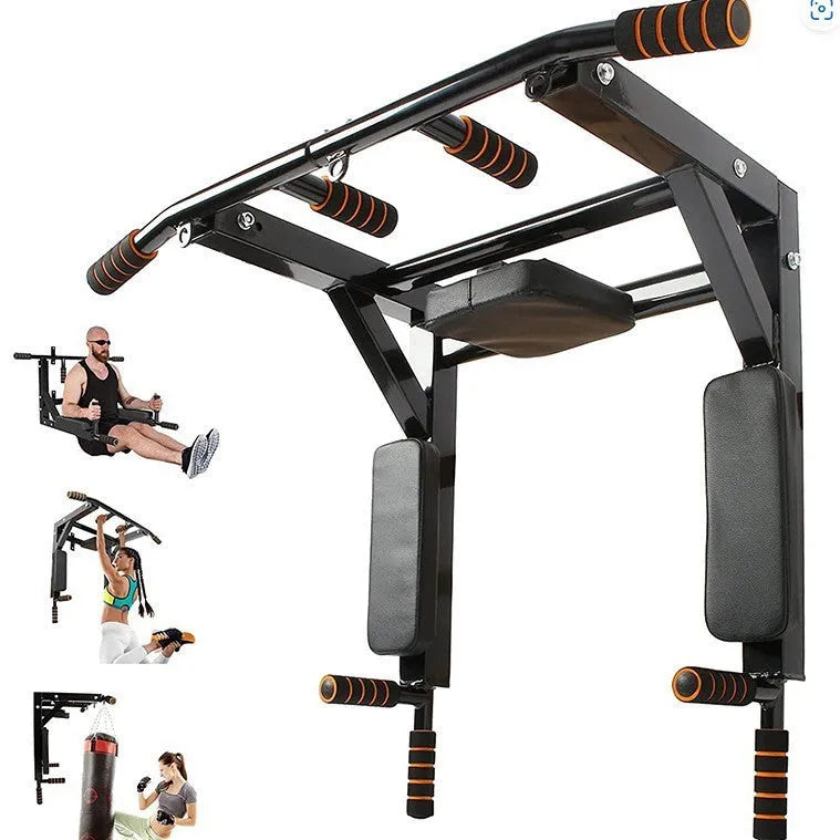 Black steel wall-mounted single parallel bars pull-up rack for fitness training.