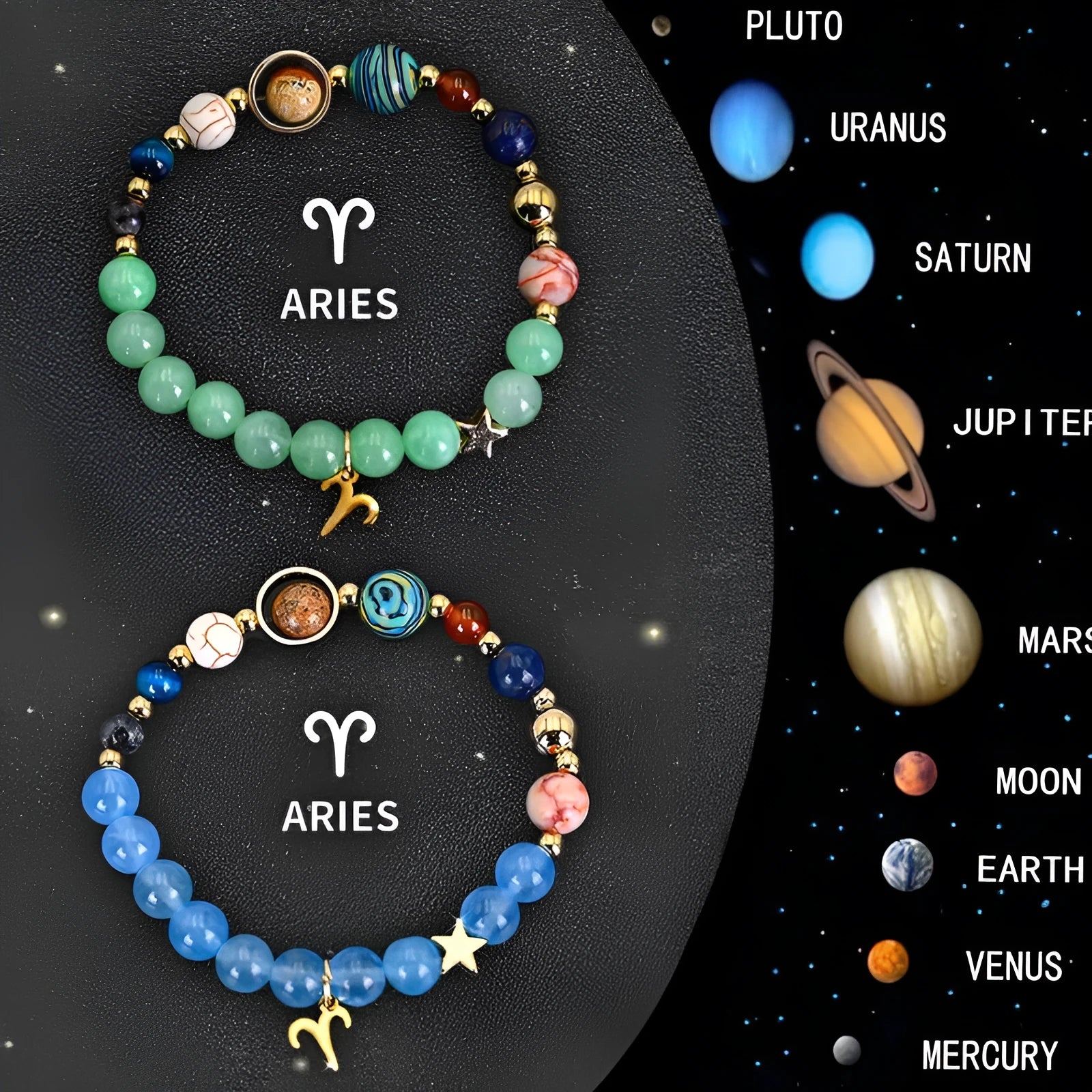 Set of two natural stone beaded bracelets for zodiac signs on a neutral background.