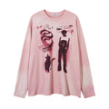 Women's loose fit cotton pullover top with drop-shoulder sleeves and letter pattern in dark grey