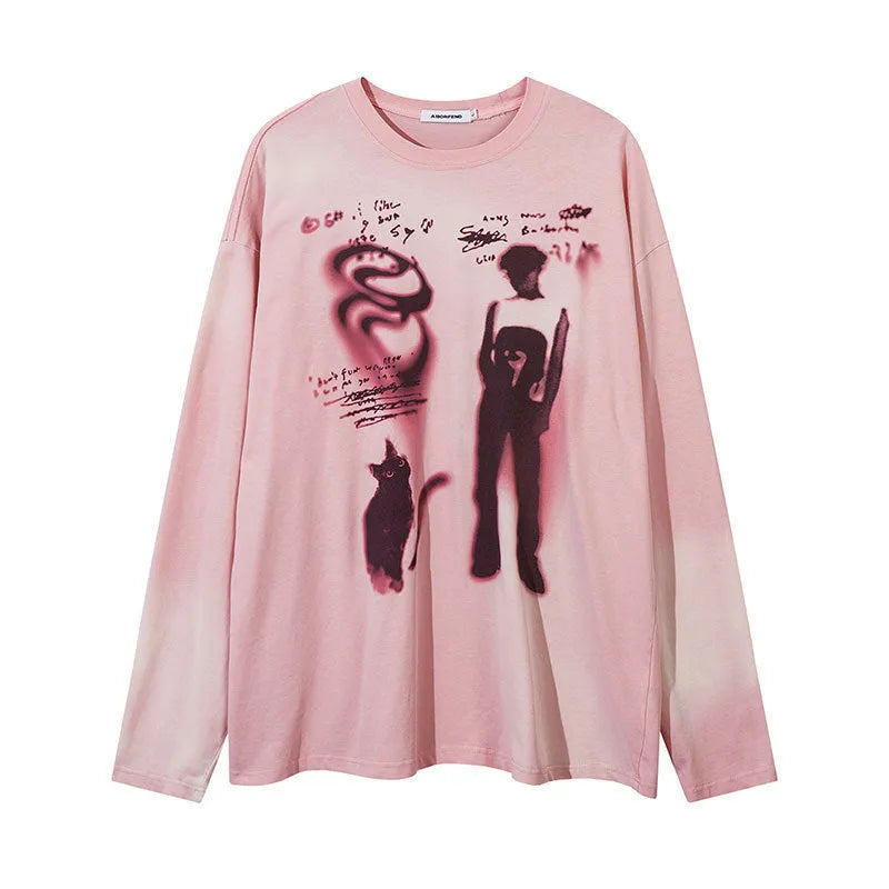 Women's loose fit cotton pullover top with drop-shoulder sleeves and letter pattern in dark grey