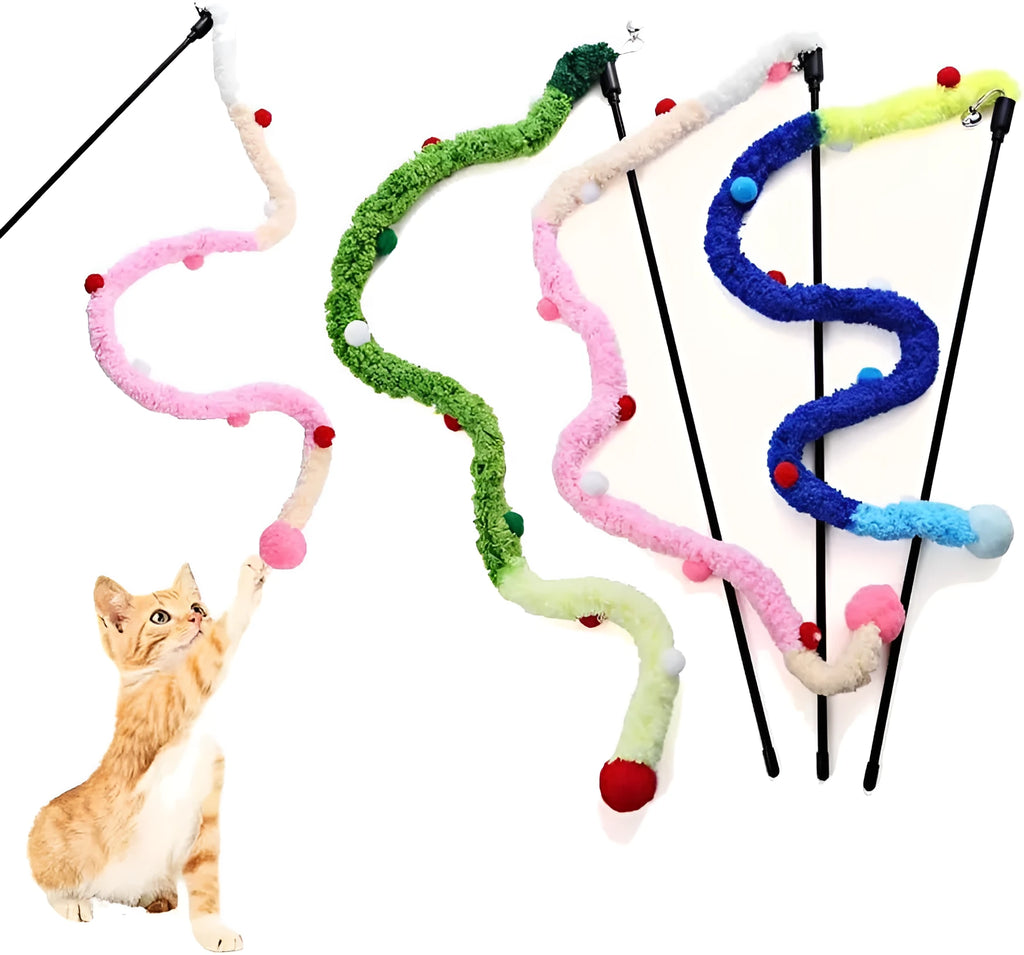Blue interactive cat teaser wand with long plush strip, fluffy ball, and bell on a 41cm pole.