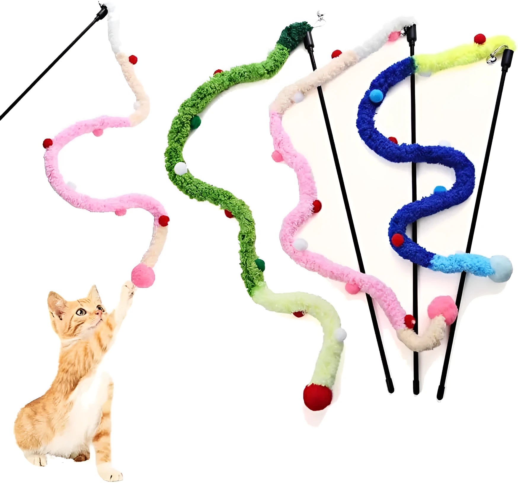Blue interactive cat teaser wand with long plush strip, fluffy ball, and bell on a 41cm pole.