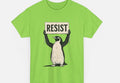 Loose fit short sleeve cotton t-shirt in black, green, or white on a hanger.
